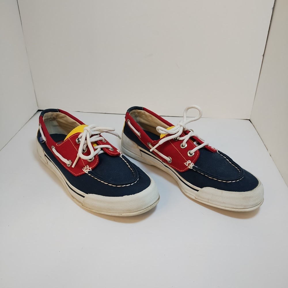 Vintage Keds Boat Shoes Size 7.5M Blue Red Yellow Colorblock Canvas Lace Up